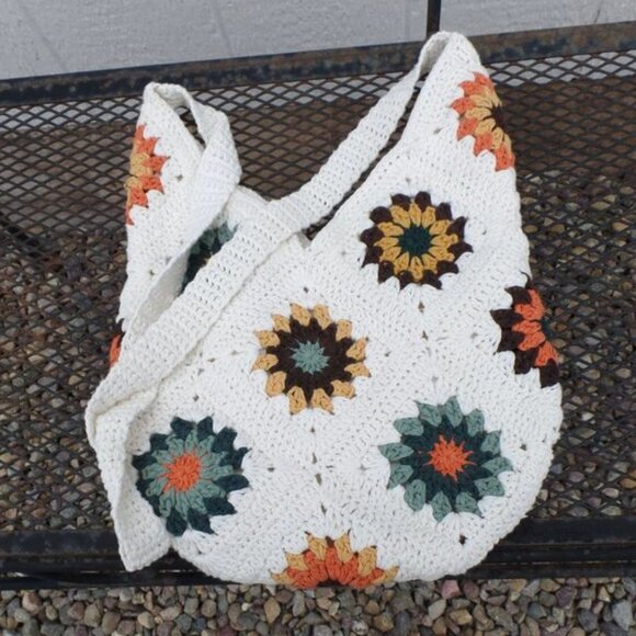 Crochet Floral Hobo Tote Knit Granny Square Boho Lined 'By Masal' Hippy Bag NWOT - Picture 1 of 6